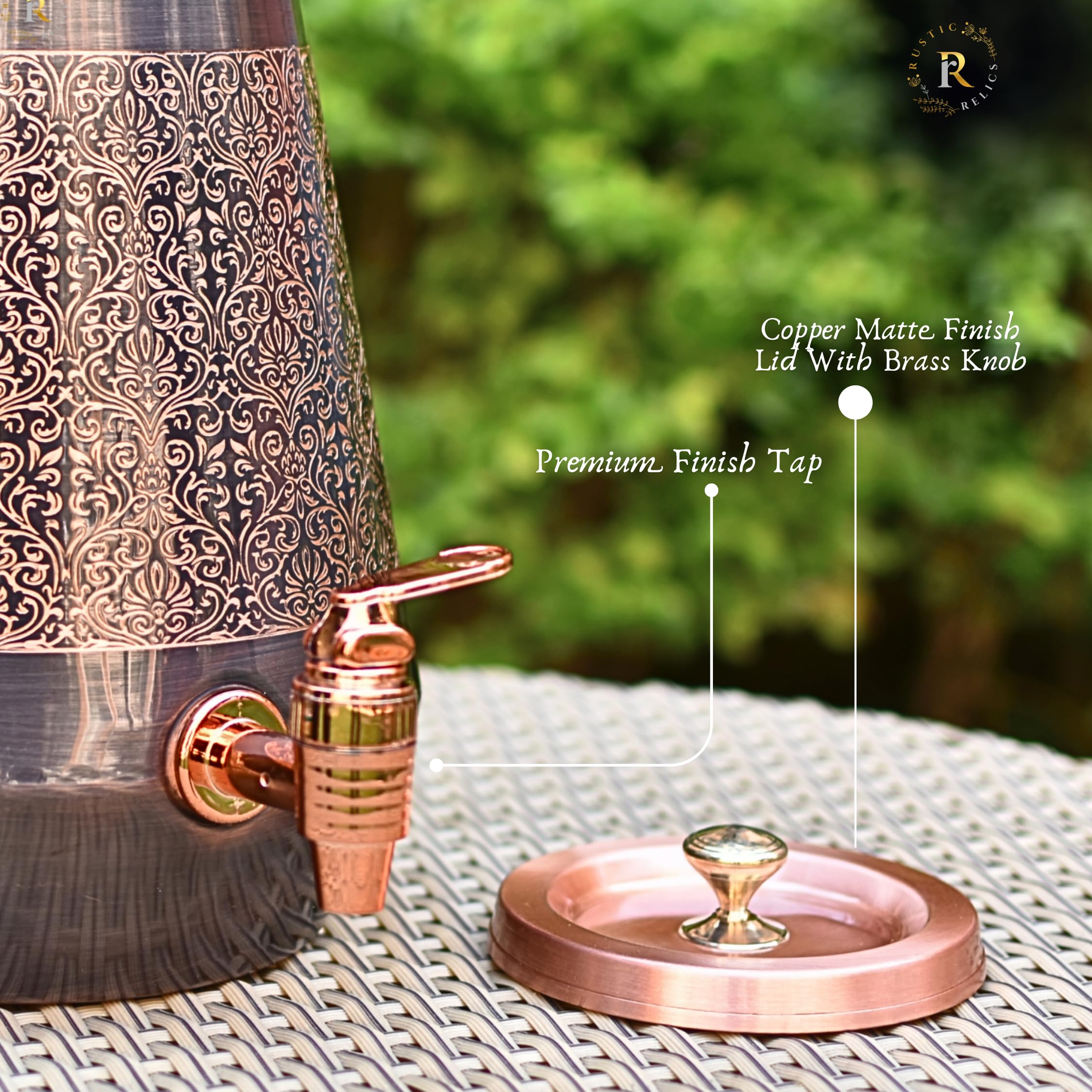 Rustic Relics Antique Copper Water Matka - 5L | With Eye Catching Embosed Engraving Design | Copper Water Storage Dispenser With
